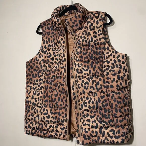 Lands End Women’s Cheetah Animal Print Puffer Vest 600 Down Zip Up SZ L 14/16 - Picture 2 of 11